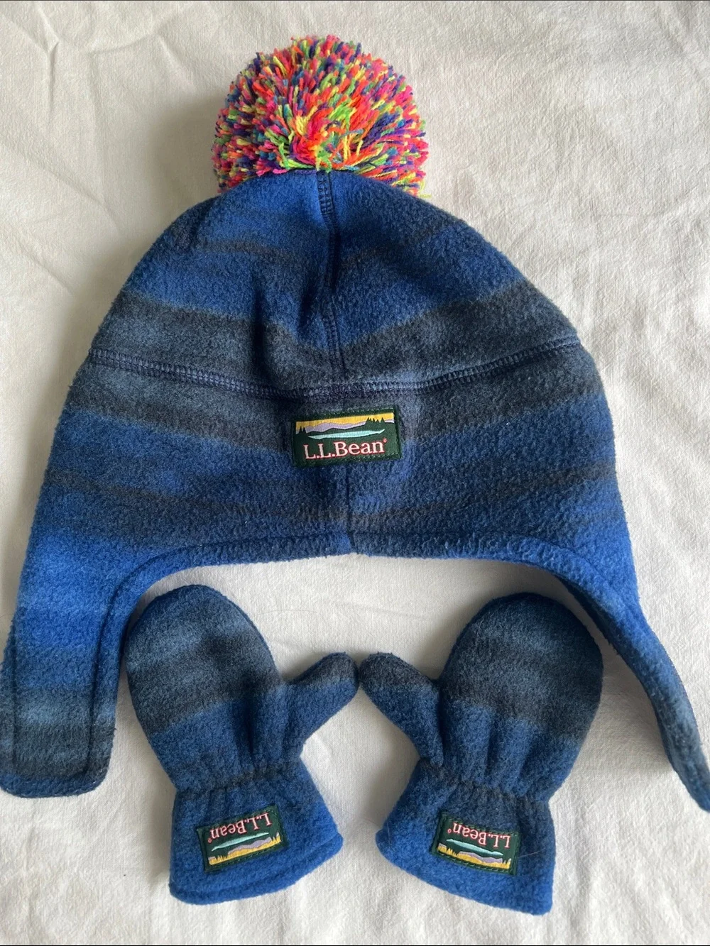 L.L. Bean Kids Blue Fleece Earflap Hat with Pom and Mittens